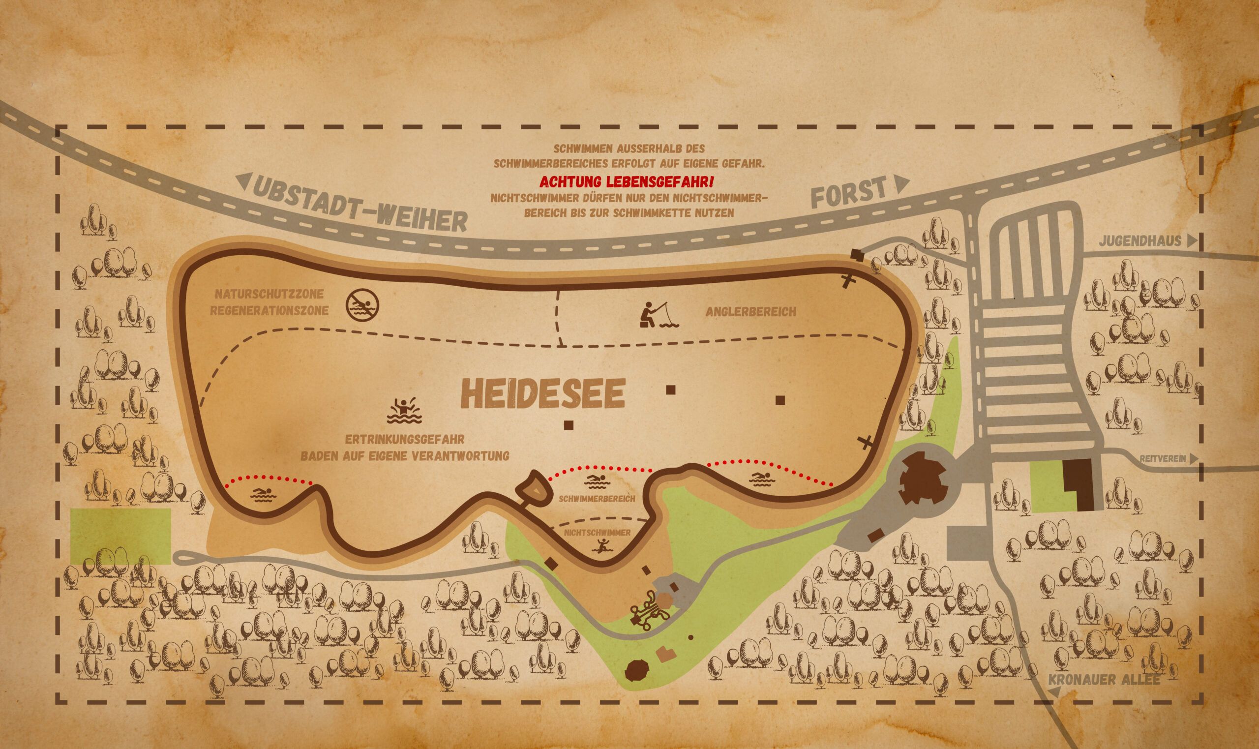 Eine Karte des Heidesees mit verschiedenen Punkten wie Rutschbahn, Umkleiden und Restaurant.